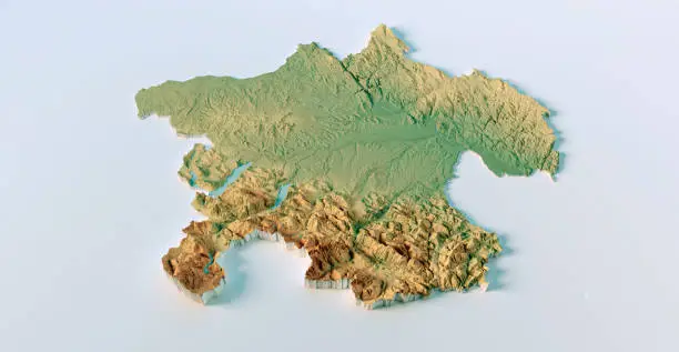 3D Render of a Topographic Map of the Upper Austria region in Austria. Isolated on white background. 
All source data is in the public domain.
Color texture: Made with Natural Earth.
http://www.naturalearthdata.com/downloads/10m-raster-data/10m-cross-blend-hypso/
Relief texture: NASADEM data courtesy of NASA JPL (2020).
https://doi.org/10.5067/MEaSUREs/NASADEM/NASADEM_HGT.001
Water texture: Contains modified Copernicus Sentinel data courtesy of ESA. 
URL of source image: https://scihub.copernicus.eu/dhus/#/home.