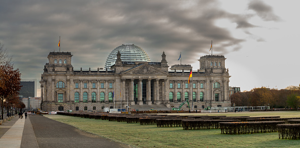 Bundestag building in a large panoramic view in a cold autumn day