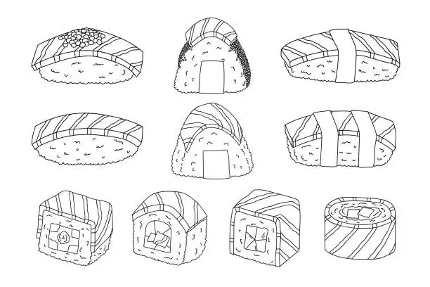 Vector illustration of Hand drawn sushi and onigiri with salmon