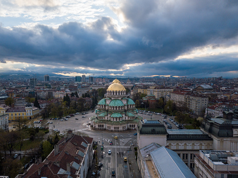 The view of St. Alexander Nevsky Cathedral from a drone. Sofia, Bulgaria.
