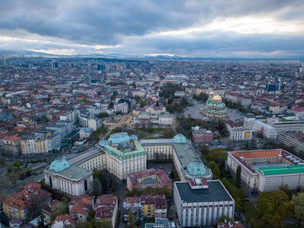 istock Drone shot of Sofia cityscape under stormy blue sky 1460722097