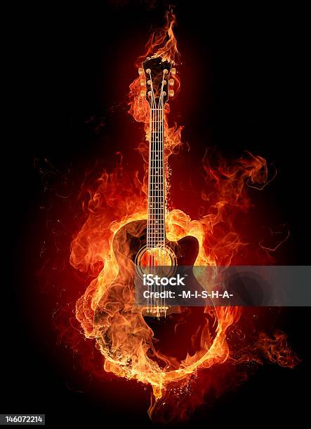 A Guitar Picture Engulfed With Fire Stock Photo - Download Image Now - Guitar, Fire - Natural Phenomenon, Flame