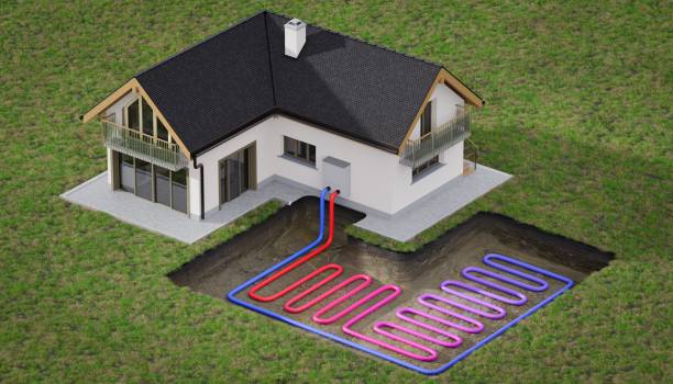 istock Horizontal ground source heat pump system for heating home with geothermal energy. 3D rendered illustration. 1460723055