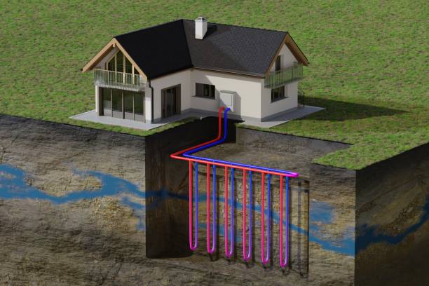 istock Horizontal ground source heat pump system for heating home with geothermal energy. 3D rendered illustration. 1460723063