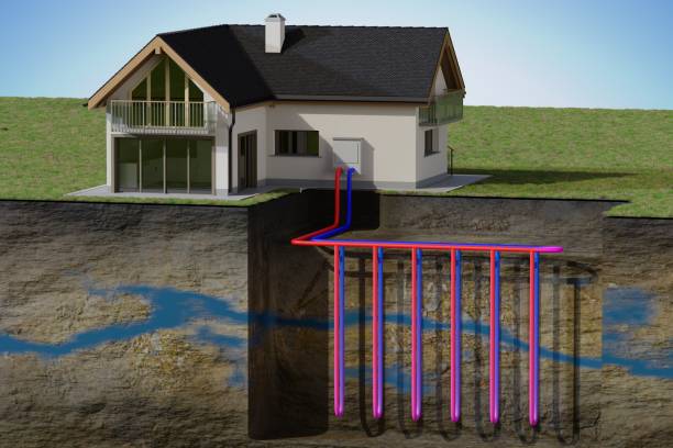 istock Horizontal ground source heat pump system for heating home with geothermal energy. 3D rendered illustration. 1460723069