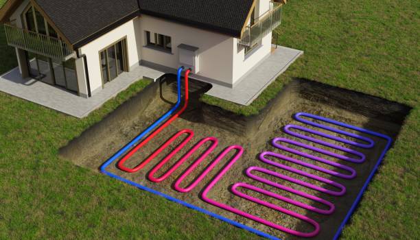 istock Horizontal ground source heat pump system for heating home with geothermal energy. 3D rendered illustration. 1460723081