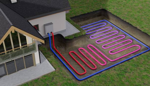 Horizontal ground source heat pump system for heating home with geothermal energy. 3D rendered illustration.