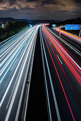 An aerial shot of colorful light trail on the autobahn in Leonberg, Germany