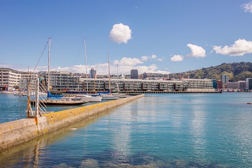 Wellington, New Zealand – September 17, 2014: A view of Port Nicholson yacht club to Clyde Quay Apartments and city hills in background