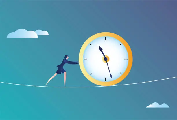 Vector illustration of Business woman pushing time forward on wire rope