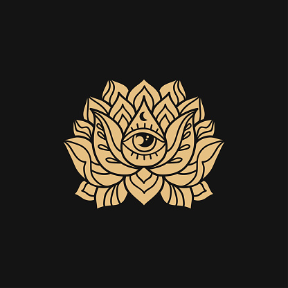 Ornamental  lotus flower pattern with third eye. Decoration in oriental, Indian style. Doodle ornament. Gold silhouette hand drawn vector illustration.