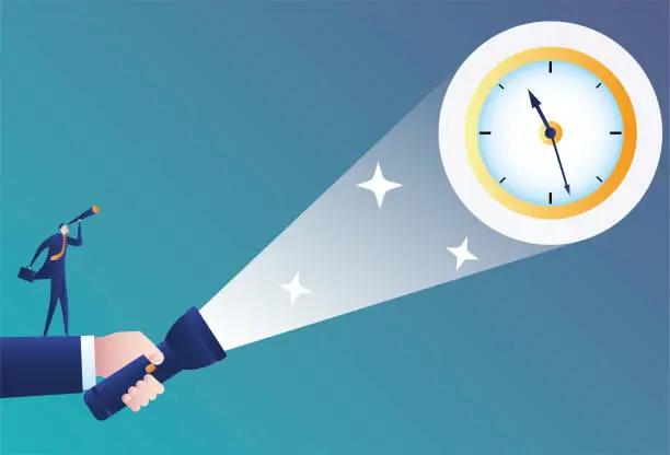 Vector illustration of Using a flashlight to help a business man look at the clock through binoculars