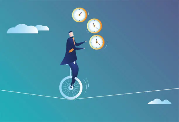 Vector illustration of Business man performing acrobatics on a wire rope and juggling the clock