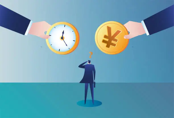 Vector illustration of Business man getting confused while choosing time and money