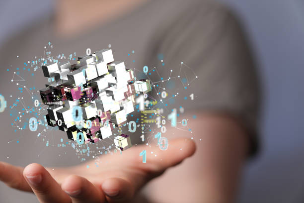 istock 3D illustration of abstract sci-fi technological cubes hovering over a man's palm 1460725111