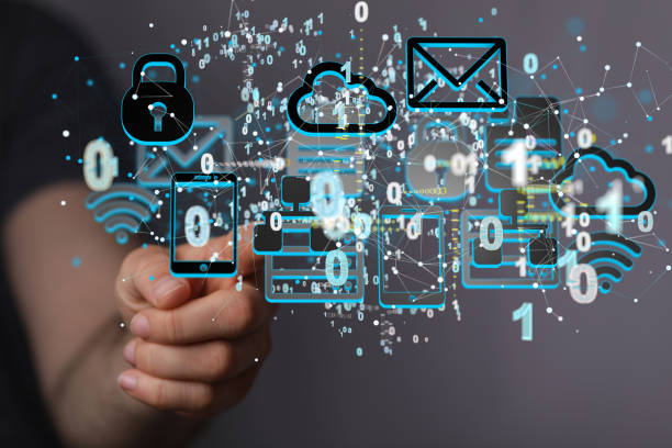 An illustration of the Internet data infrastructure concept near a hand, abstract technology background