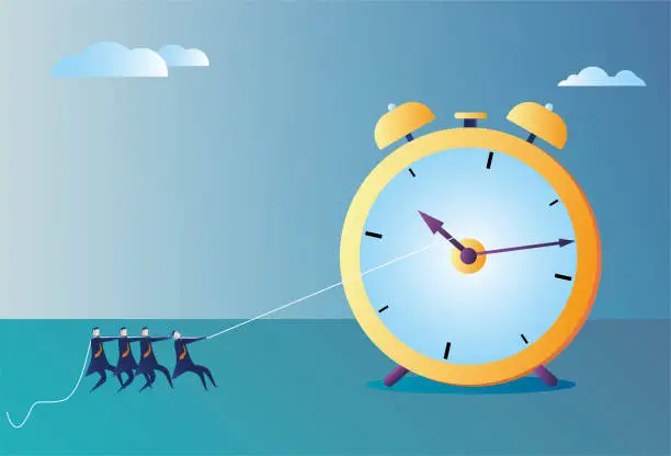 Vector illustration of People loop the hour hand of an alarm clock with a rope to stop time