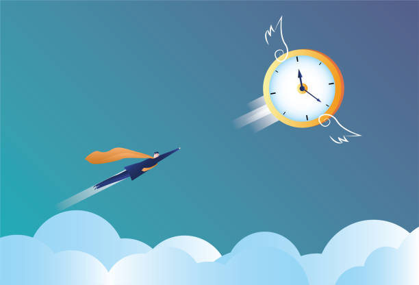 ilustraciones, imágenes clip art, dibujos animados e iconos de stock de superman persiguiendo el tiempo - time flies