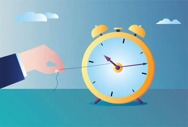 Vector illustration of Use a rope to wrap the alarm clock hour hand and let time stop