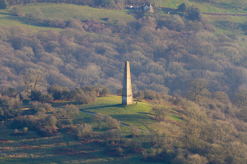 An aerial shot of the Eastnor Obelisk in England