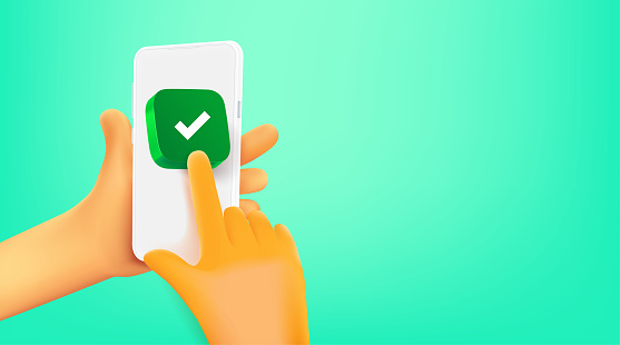 Man Using Social Mobile Phone Pressing Check Button 3d Vector Banner ...