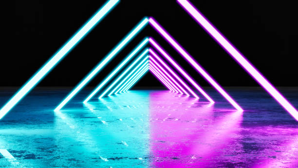 istock Triangles in different sizes inside one another, colored in pink and blue as neon lights. 1460726272