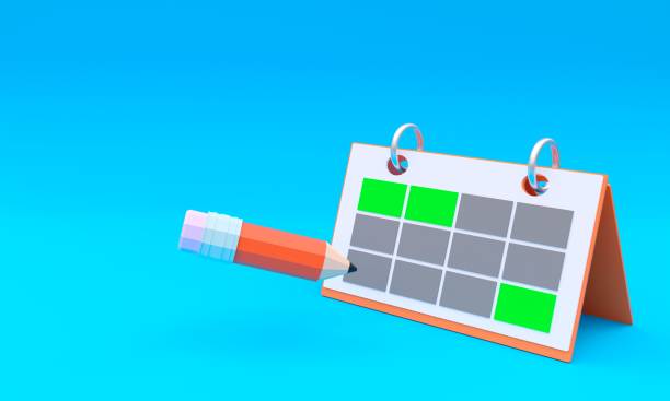 A 3d rendering of a calendar and pencil on blue background with copy space
