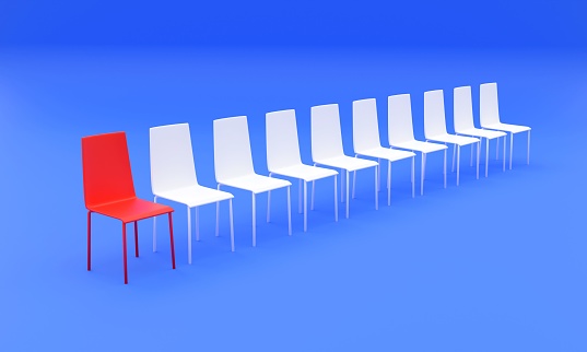 A 3d rendering of white chairs lined up and a red one that stands out on a blue background.
