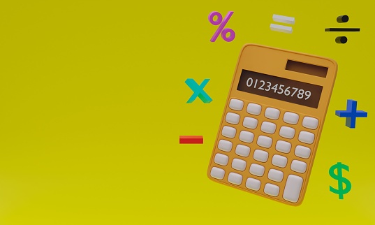 Desktop calculator on a wooden desk with copy space on the right for counting and planning