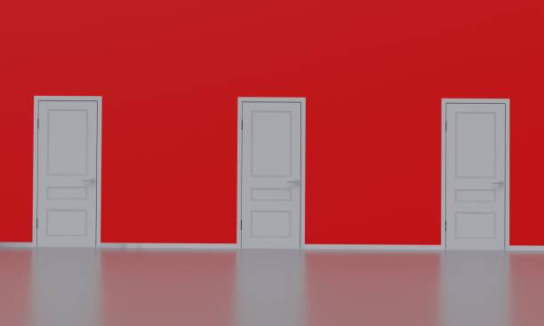 istock 3d rendering of a set of grey doors on a red background. 1460727647