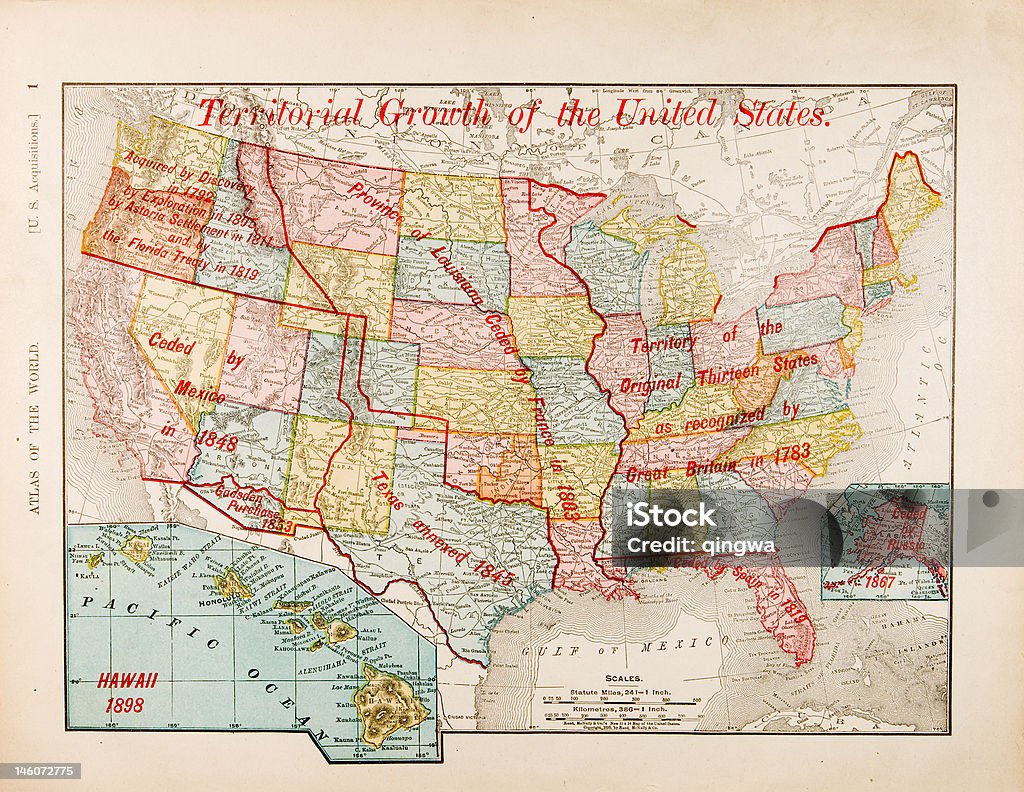 Alte Vintage Farbe Karte der Vereinigten Staaten Erweiterung Wachstum - Lizenzfrei Karte - Navigationsinstrument Stock-Illustration