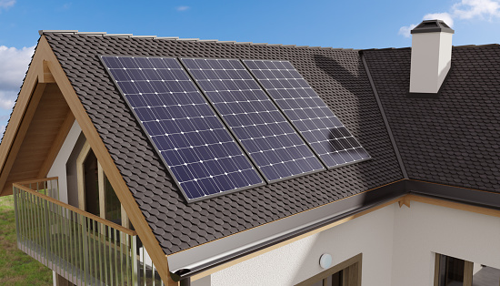 Photovoltaic solar panels on roof of a house producing renewable energy. 3D rendered illustration.