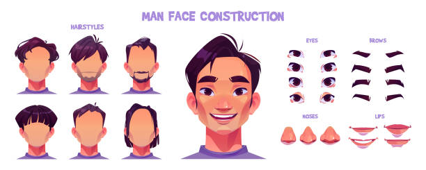 illustrazioni stock, clip art, cartoni animati e icone di tendenza di cartone animato asiatico di costruzione del volto dell'uomo impostato sul bianco - mustache ethnic asian ethnicity men