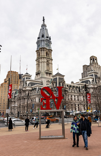 Philadelphia, Pa. USA, Jan. 28, 2023: Love Park with Philadelphia City hall, Philadelphia, Pa. USA