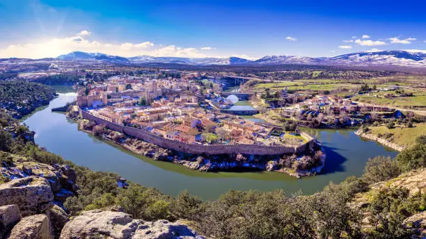 A high angle view of a beautiful municipality and town located in Madrid called Buitrago de Lozoya