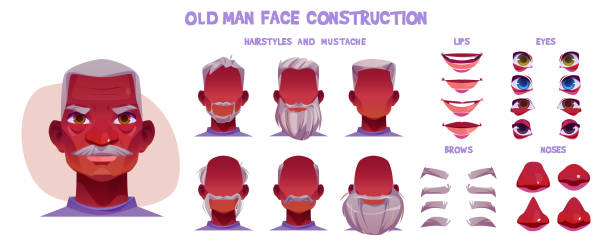 ilustraciones, imágenes clip art, dibujos animados e iconos de stock de viejo rostro constructor de animación personaje negro - men old human eye beard