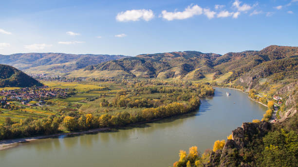 Aerial view of the Wachau region in Austria Aerial view of the Wachau region in Austria on a beautiful autumn day blue danube stock pictures, royalty-free photos & images