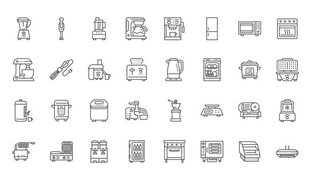 ilustrações de stock, clip art, desenhos animados e ícones de kitchen appliance line icons set. microwave oven, combi steamer, toaster, food processor, freezer, toaster, coffee machine vector illustration. outline signs about cooking equipment. editable stroke - torradeira