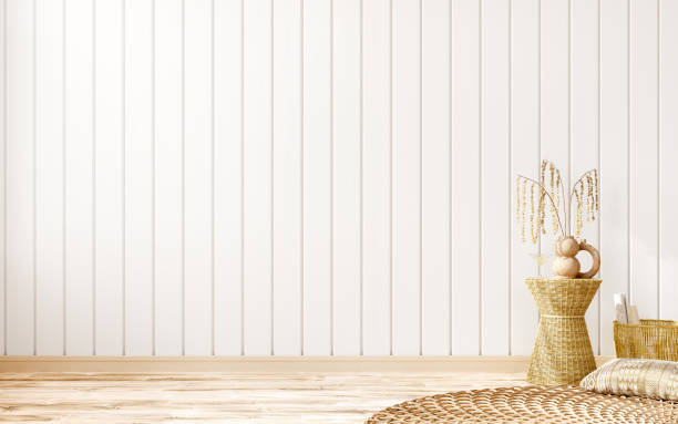istock Empty room interior background, blank white paneling wall, rattan coffee table and rug, 3d rendering 1460729974
