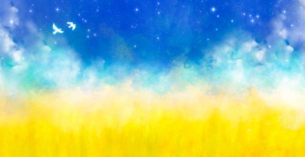 абстрактный фон с изображением мира в украине, красивого голубого неба, голубей и пшеничного поля - bandera stock illustrations