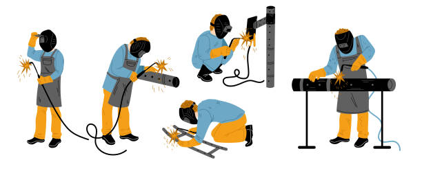 Welder, construction worker repairs pipes Welder, construction worker in safety mask repairs pipes. Man in helmet work with welding machine and pipeline isolated on white background, vector hand drawn illustration plant png stock illustrations