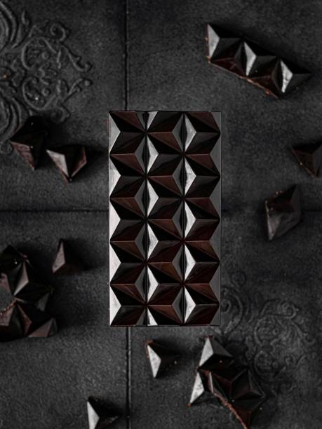Vertical top view of a gourmet dark chocolate bar with a triangular pattern
