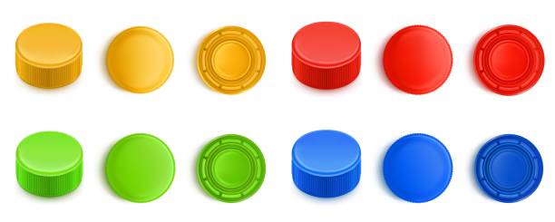 illustrations, cliparts, dessins animés et icônes de bouchon en plastique coloré pour bouteilles d’eau, soda, bière - couvercle