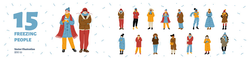 People in warm clothes freeze in winter. Diverse characters wearing jacket, overcoat or parka, hat, scarf and gloves shiver in cold weather, vector hand drawn illustration