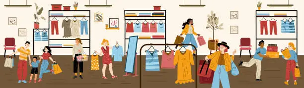Vector illustration of Fashion store with happy buyers and clothes