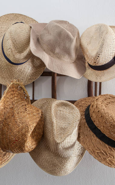 istock Rack cluttered with hats made from vegetable fibers 1460733477