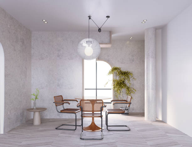 istock 3d rendering,3d illustration, Interior Scene and  Mockup,kitchen and dining corner,concrete floor,kitchen with white walls. 1460734620