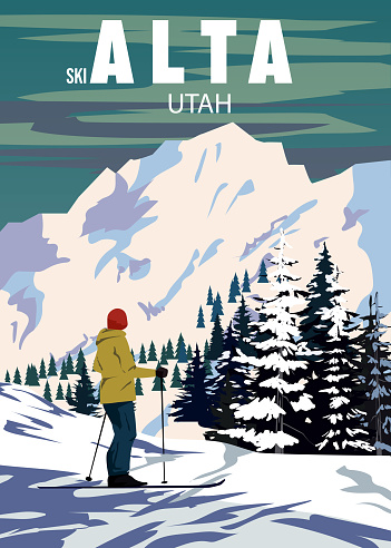 Alta Ski Travel resort poster vintage. Utah USA winter landscape travel card, woman with skis, view on the mountain vintage. Vector illustration