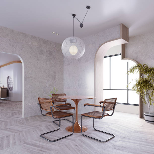 istock 3d rendering,3d illustration, Interior Scene and  Mockup,kitchen and dining corner,concrete floor,kitchen with white walls. 1460734843