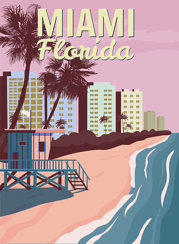 Miami City Skyline, Retro Poster. Lifeguard house, coast, surf, ocean. Vector illustration vintage style isolated